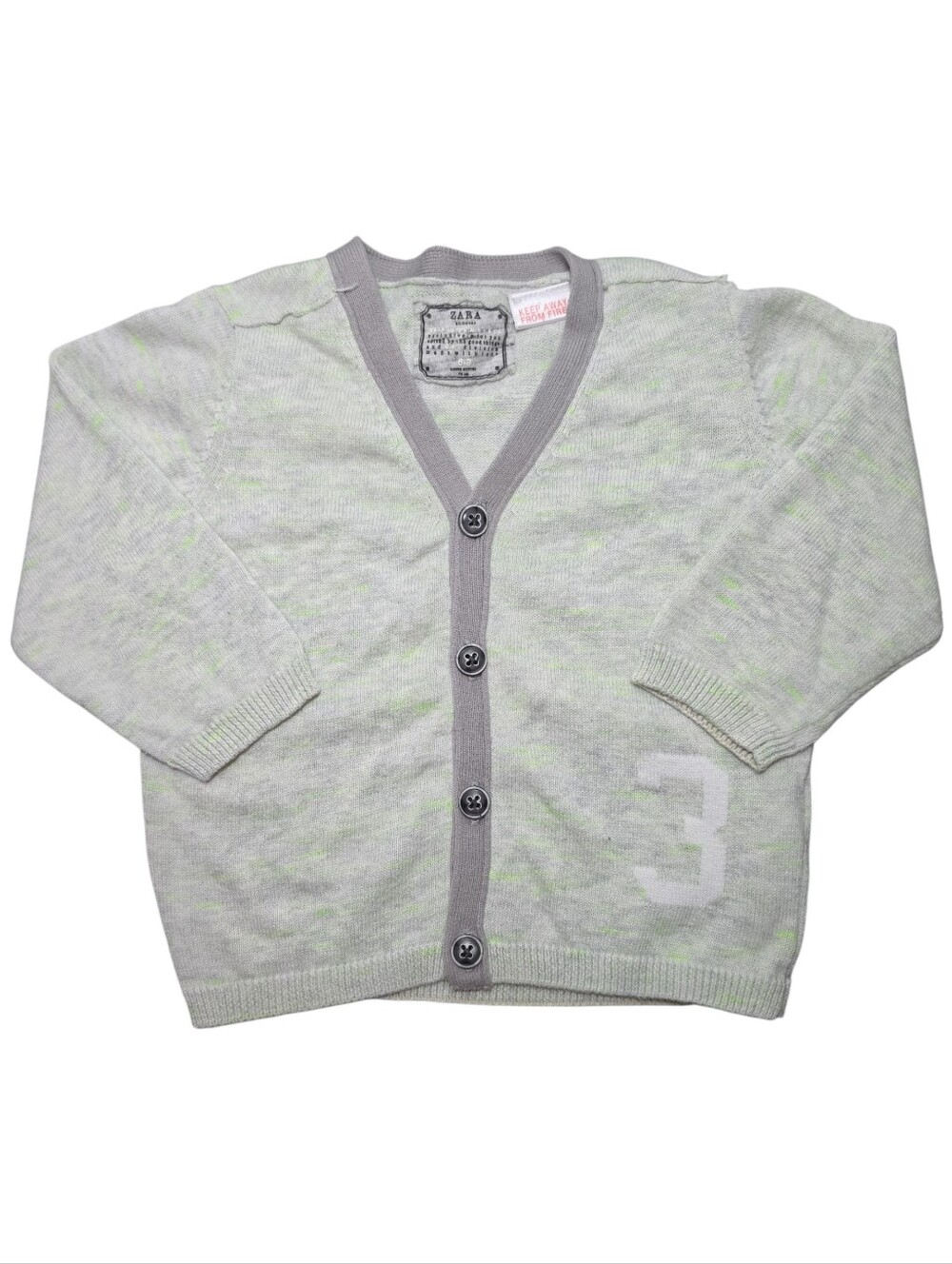 ZARA Kids Light Gray Button Cardigan with Subtle Green Threads & White Number